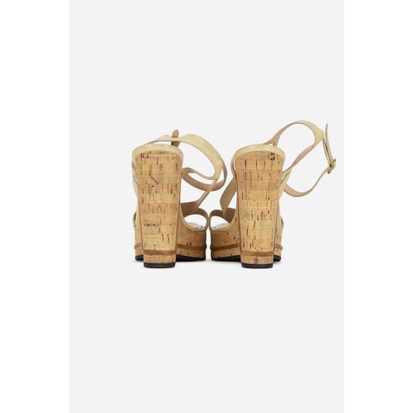 Chloe Nude Leather Cork Wedge Sandals with Chain Embellished Floral Detail - Picture 3 of 5